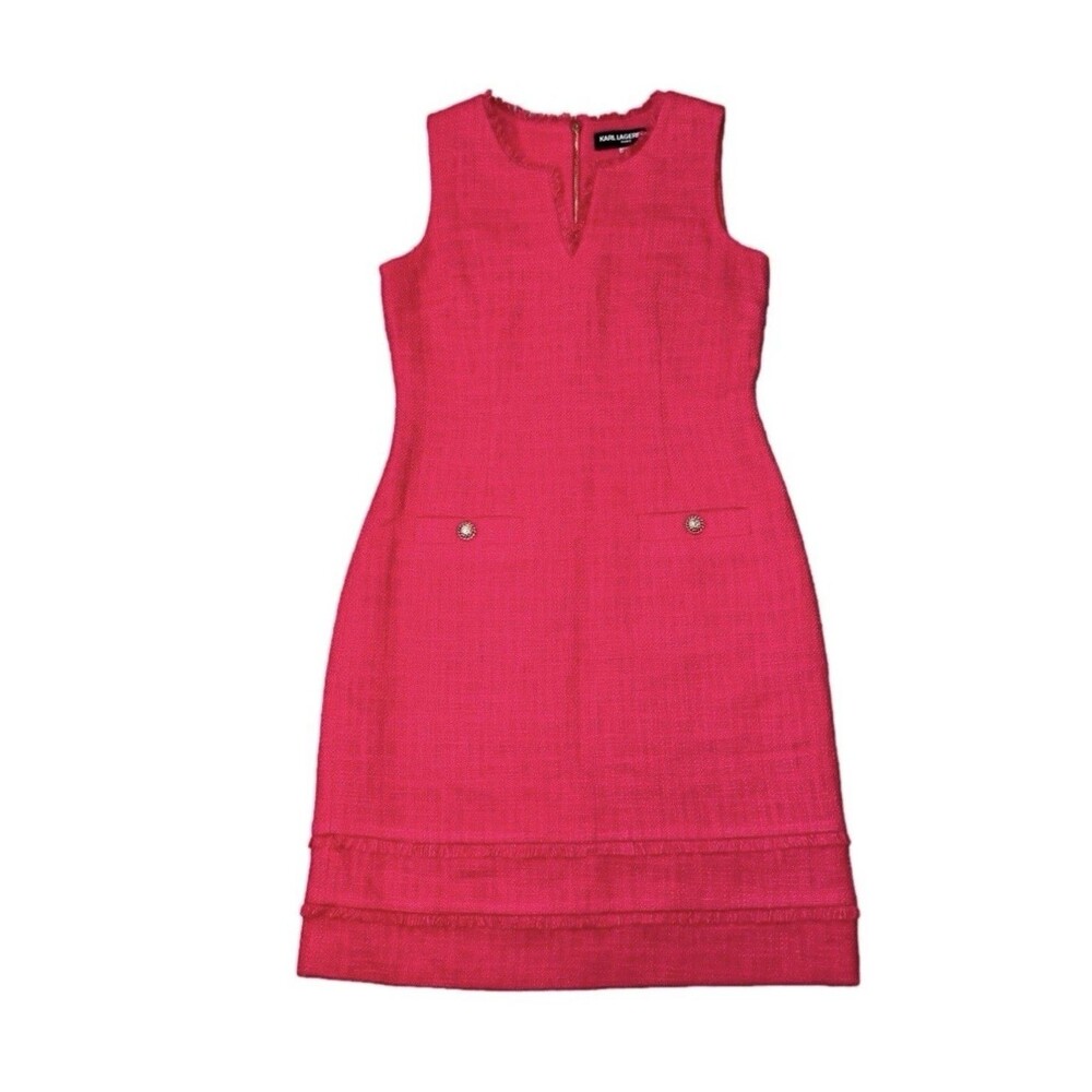 Karl Lagerfeld Paris Tonal Tweed Pink Dress Size 10 Fringe Gold Buttons - Picture 1 of 9